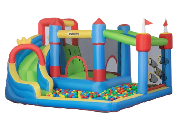 Colorful inflatable bounce house with slide and ball pit for kids.