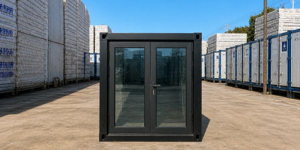 A black metal container with glass double doors in an industrial yard.