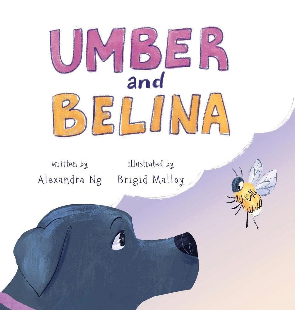 Children's book cover with image of dog and bumble bee looking at each other. 