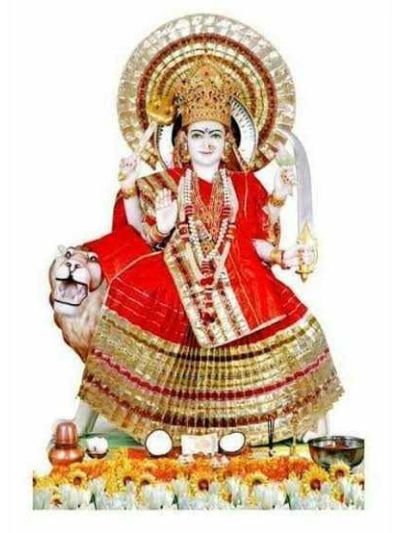 Statue of goddess Arbuda dressed in red with lion.