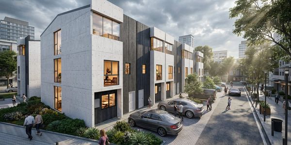 Modern townhouse complex with concrete and wood facades on a sunny urban street.