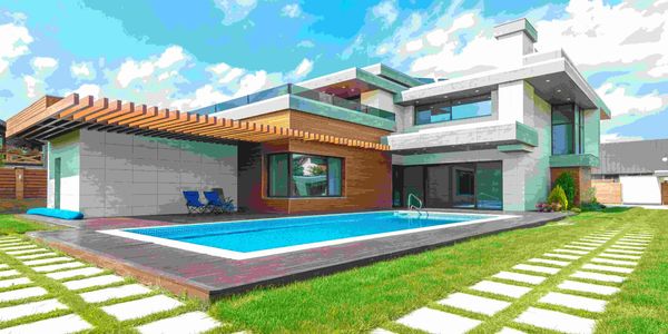 Modern house with a pool and pergola under a clear blue sky.