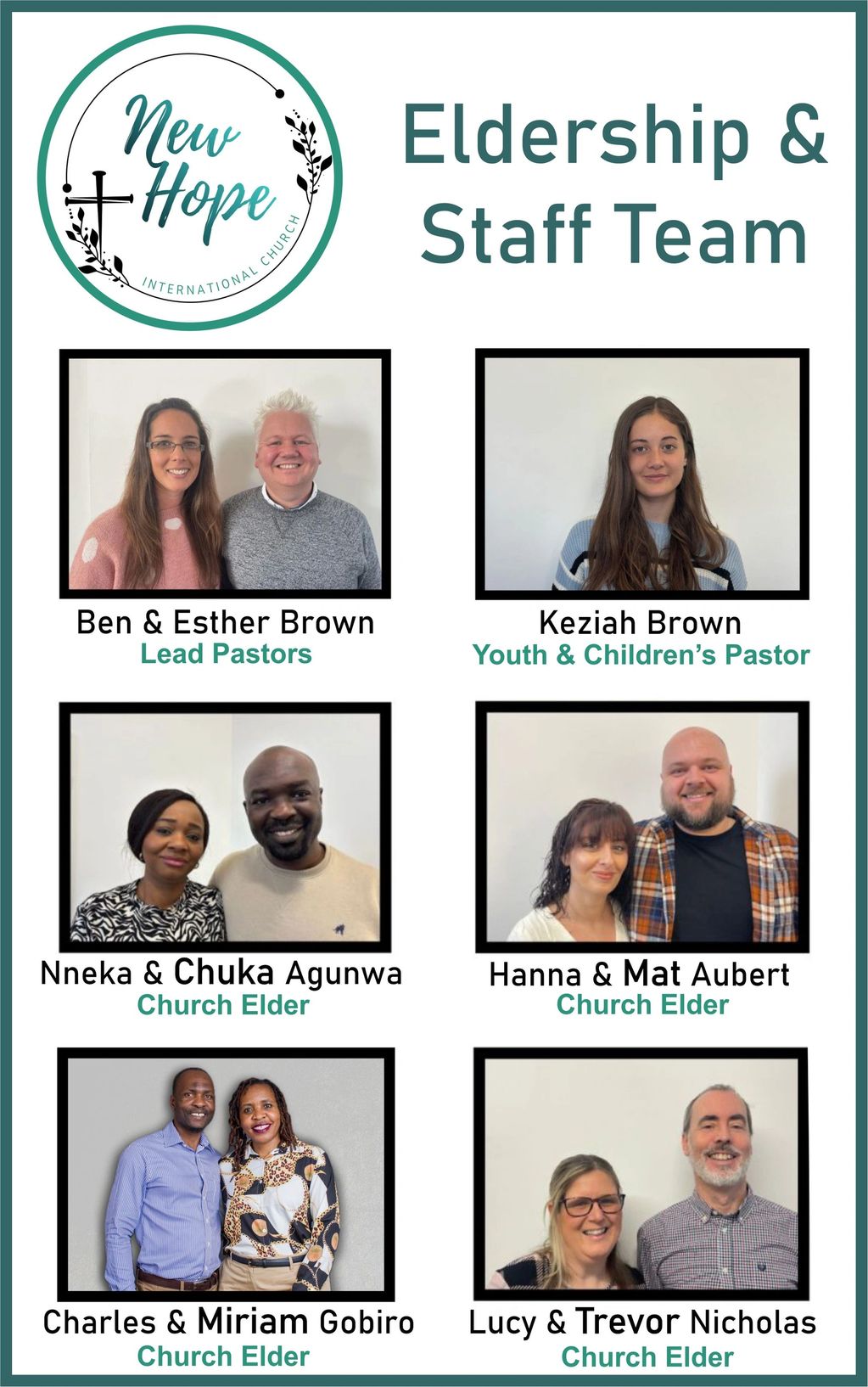 Photo collage of New Hope International Church Eldership &amp; Staff Team with their roles.