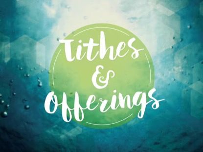 Artistic 'Tithes &amp; Offerings' text on a green circle with blue background.