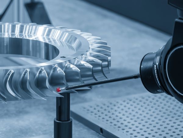 Precision measuring probe inspecting a turbine blade component.