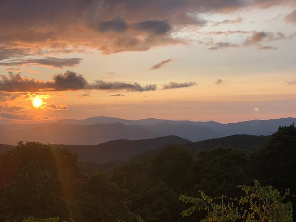 Sunset mountain views from Water Rock Knob overlook on the Blue Ridge Parkway in North Carolina.