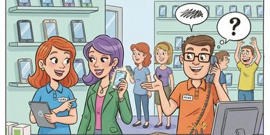 An AI generated image of cartoon characters shopping at a cell phone store. A man is using the phone