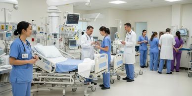 A realistic AI generated image of; groups of doctors and nurses working at a hospital in teams.