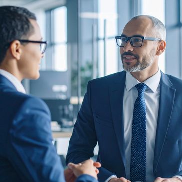 Two businessmen in suits having a professional conversation in an office.