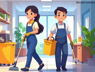 An AI generated image of two janitors starting their day at work.