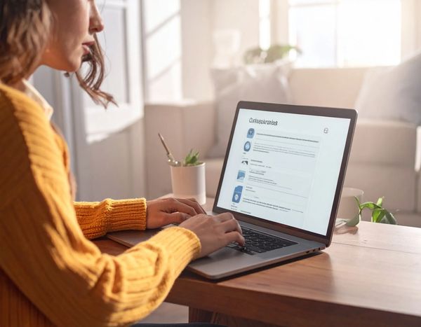 An AI image of a woman starting her job search for a new career from the comfort of her home.