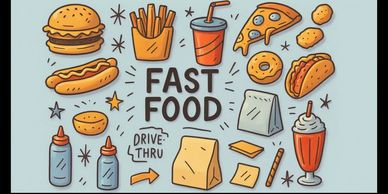 An AI generated image of various fast food items. Pizza, Hotdogs, tacos, milkshakes, fries, burger.