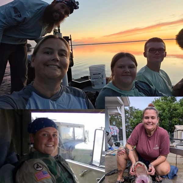 Family enjoying sunset boating and outdoor adventures, including military service and fishing.