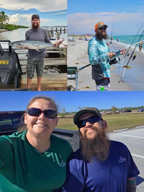 Man fishing by the sea, holding a large fish, and a couple smiling outdoors.