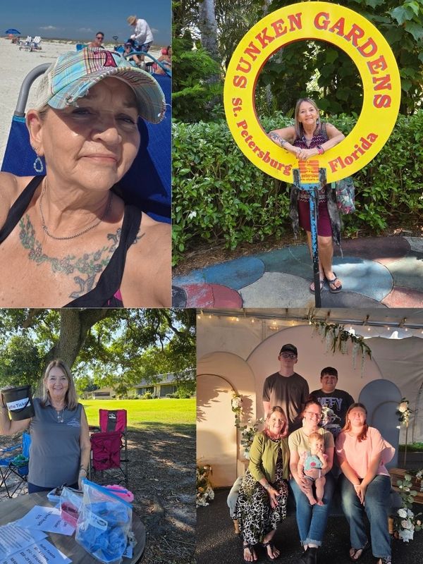 A collage of a woman enjoying a beach, garden, event, and outdoor activity with family and friends.