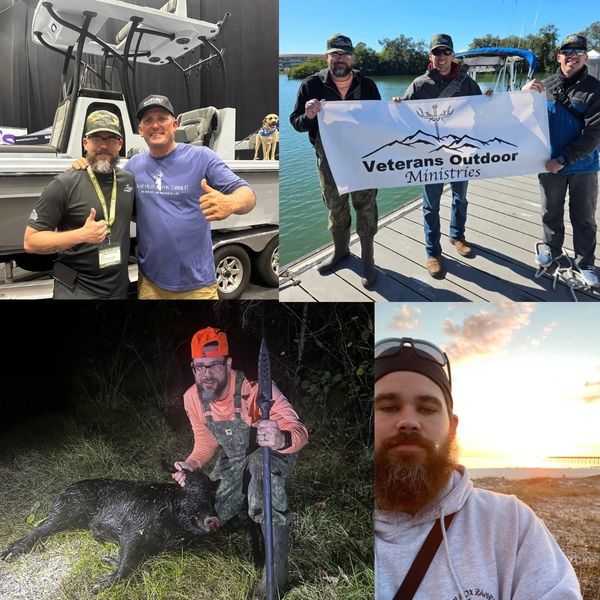 Collage of veterans enjoying outdoor activities, fishing, hunting, and fellowship.