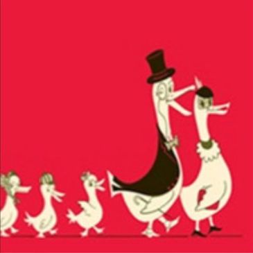 A family of ducks dressed in vintage clothing against a red background.
