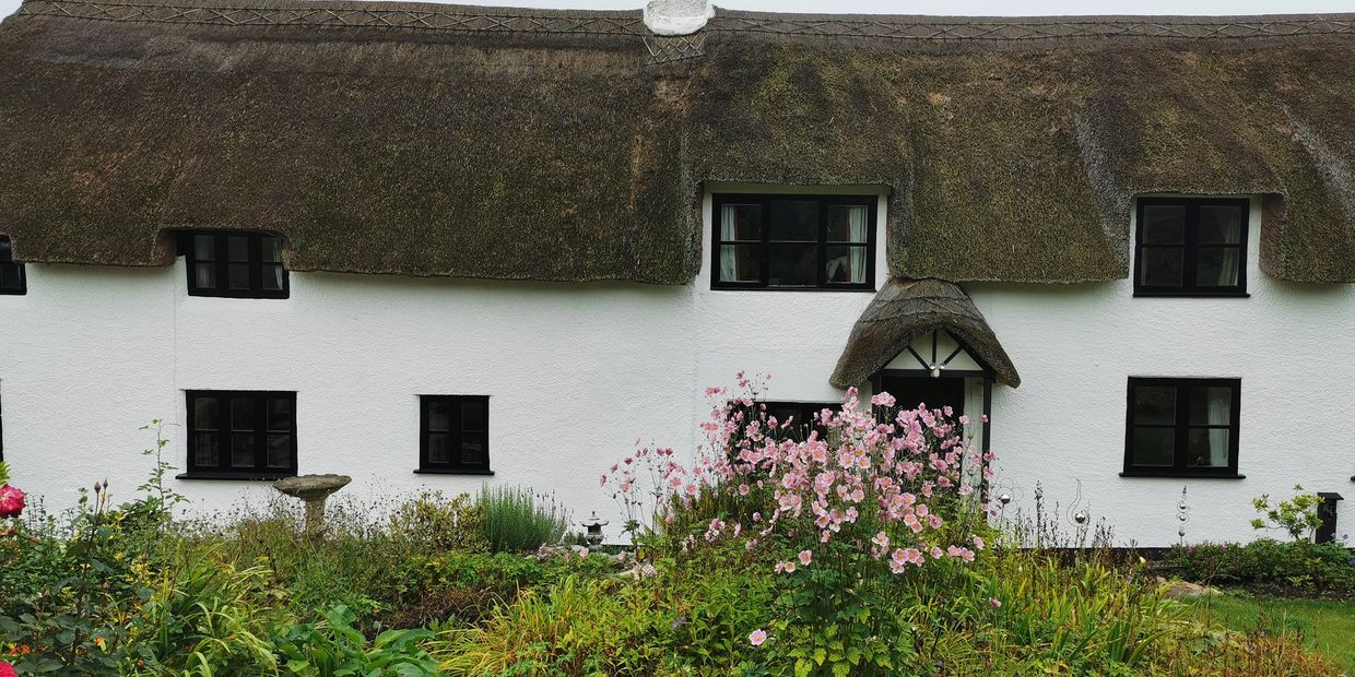 A quaint white cottage with a thatched roof and a colorful flower garden.
