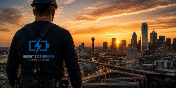 Electrician overlooking city skyline at sunset, wearing Bright Side Repairs uniform.