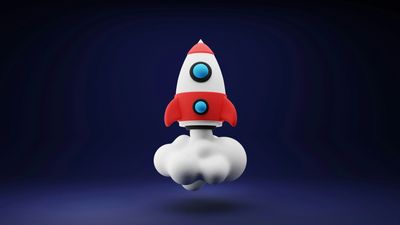 A red and white cartoon rocket launching with smoke against a dark background.