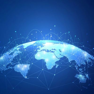 Digital global network connections over a blue Earth map.