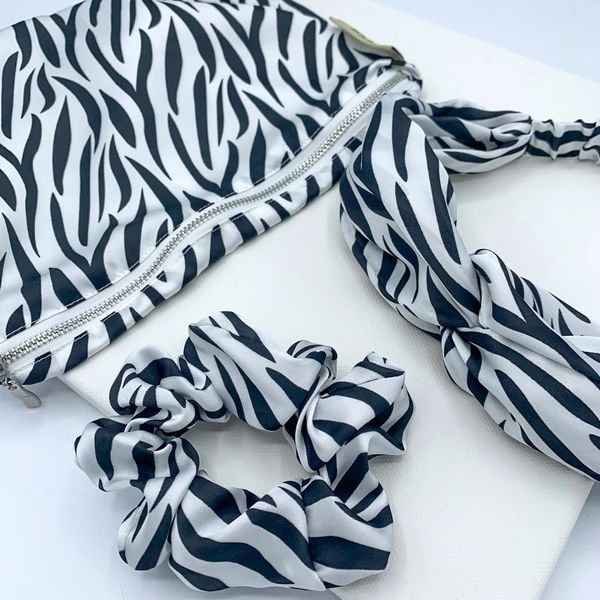 Zebra print washbag and cosmetics with matching scrunchie and headband