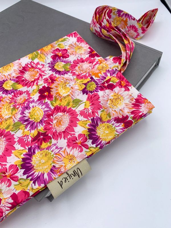 Bright pink tote bag with yellow, purple, pink  sunflowers 