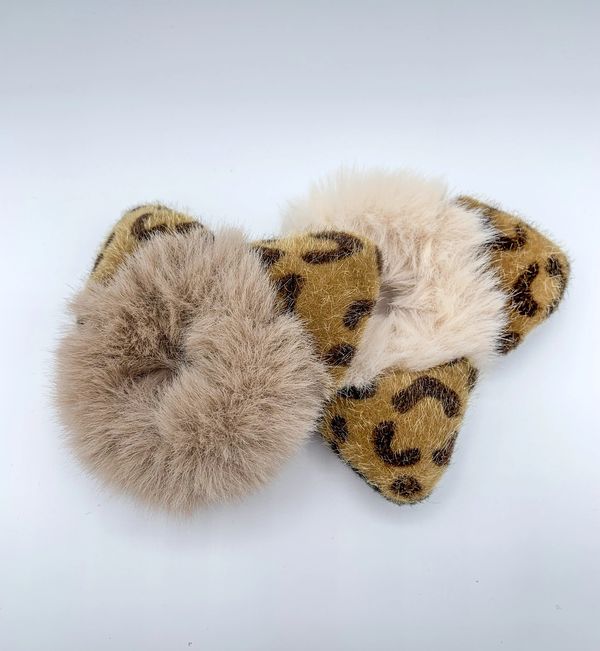 Furry cute animal ear scrunchies. ONe in brown and one in cream with leopard print ears.