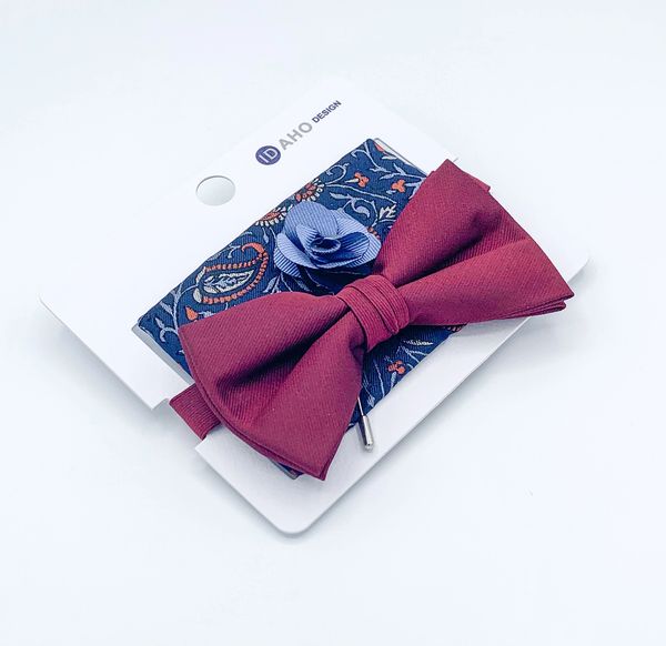 Red burgundy bow tie with paisley blue pocket square and matching flower pin