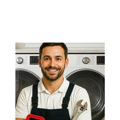 Smiling repairman with wrench and toolbox in front of washers.