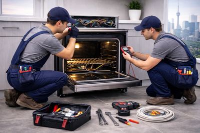 Two technicians repairing an oven with tools and equipment.