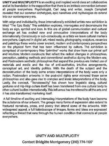 WE ARE EXHIBIT OUR ARTWORK
Contact: Bridgitte Montgomery
 E-Mail: unityandmultiplicity@gmail.com
