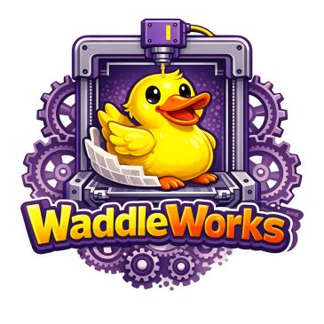 A cheerful yellow duck in a mechanical frame with gears and 'WaddleWorks' text.