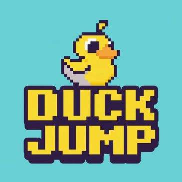 Pixelated yellow duck above bold text 'Duck Jump' on blue background.