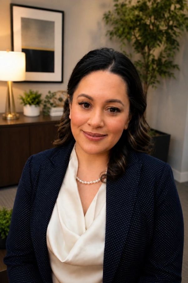 Professional woman in a navy blazer and pearl necklace, smiling warmly indoors.