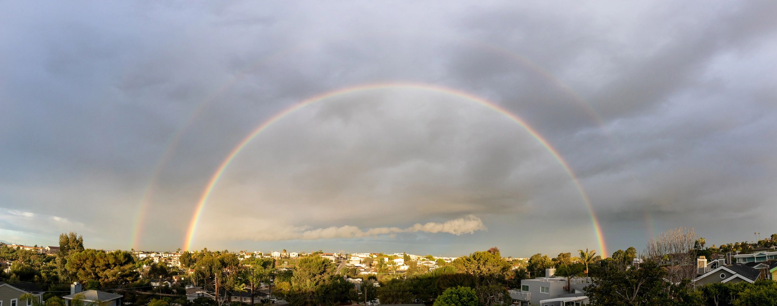 An ultra high resolution panorama of a double rainbow photographed on Saint Patrick's day.