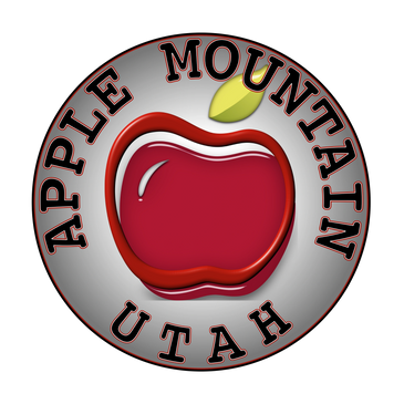 Logo with a red apple and text Apple Mountain Utah in black on silver background.
