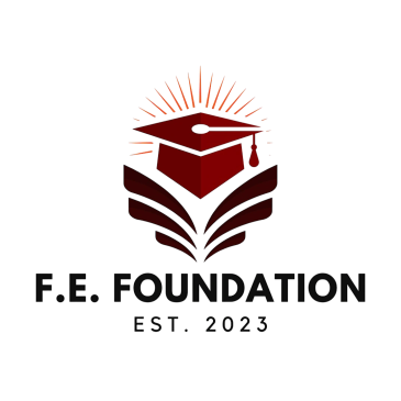 Logo of F.E. Foundation with a graduation cap and book design.