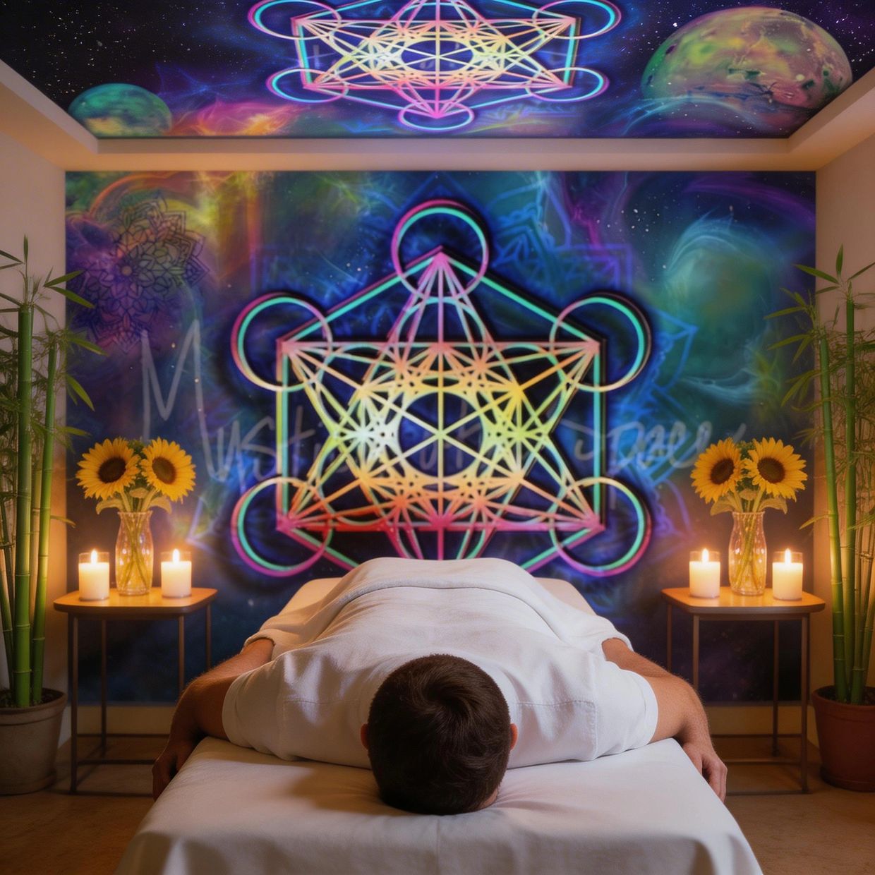 Person lying on a massage table in a room with cosmic geometric art and candles.