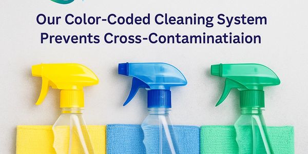 Color-coded cleaning system with yellow, blue, and green spray bottles and cloths.