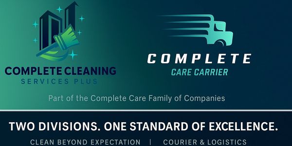 Logos of Complete Cleaning Services Plus and Complete Care Carrier with company slogan.