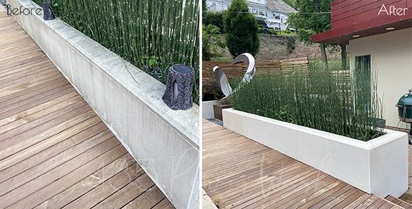 Powerwash stucco raised garden bed planter. Surface clean cement.