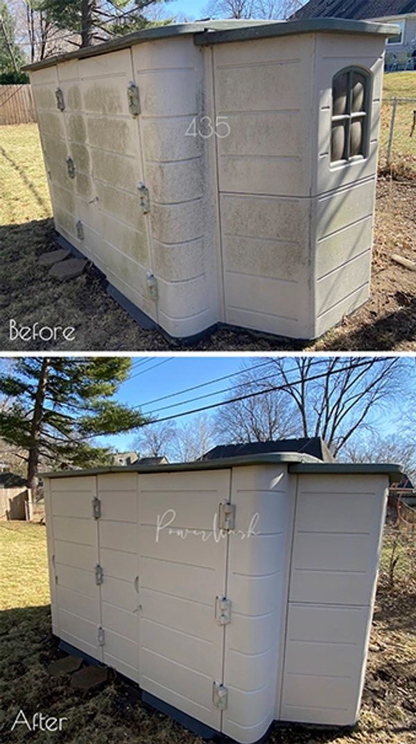 Power washing KC metro. Backyard storage shed. KC pressure wash services. Clean outdoor storage shed