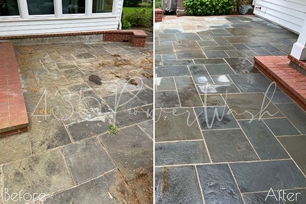 Pressure wash Kansas City. Blue stone & brick patio paver surface cleaning / powerwash, Leawood KS.