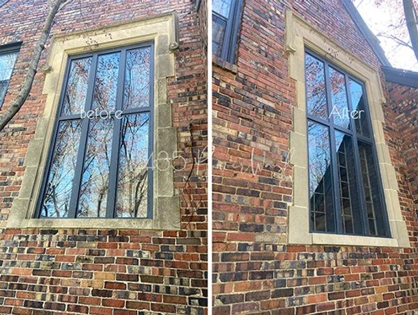 Pressure wash pre-cast concrete window frame. Freshen up with house washing.