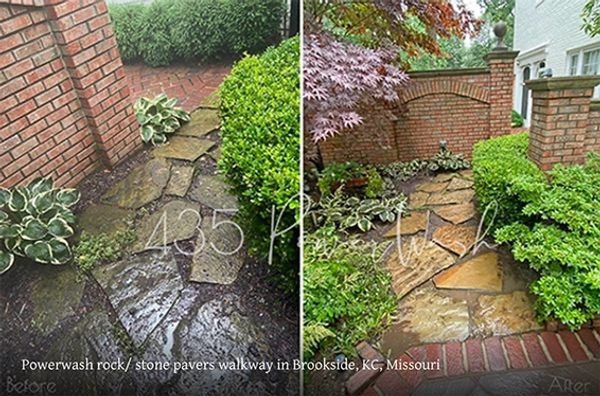 Power wash rocks stones walk path patio Kansas City, MO. Powerwash pavers walkway in Brookside KC