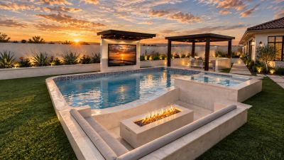Luxurious backyard pool area at sunset with fire pit and pergolas.