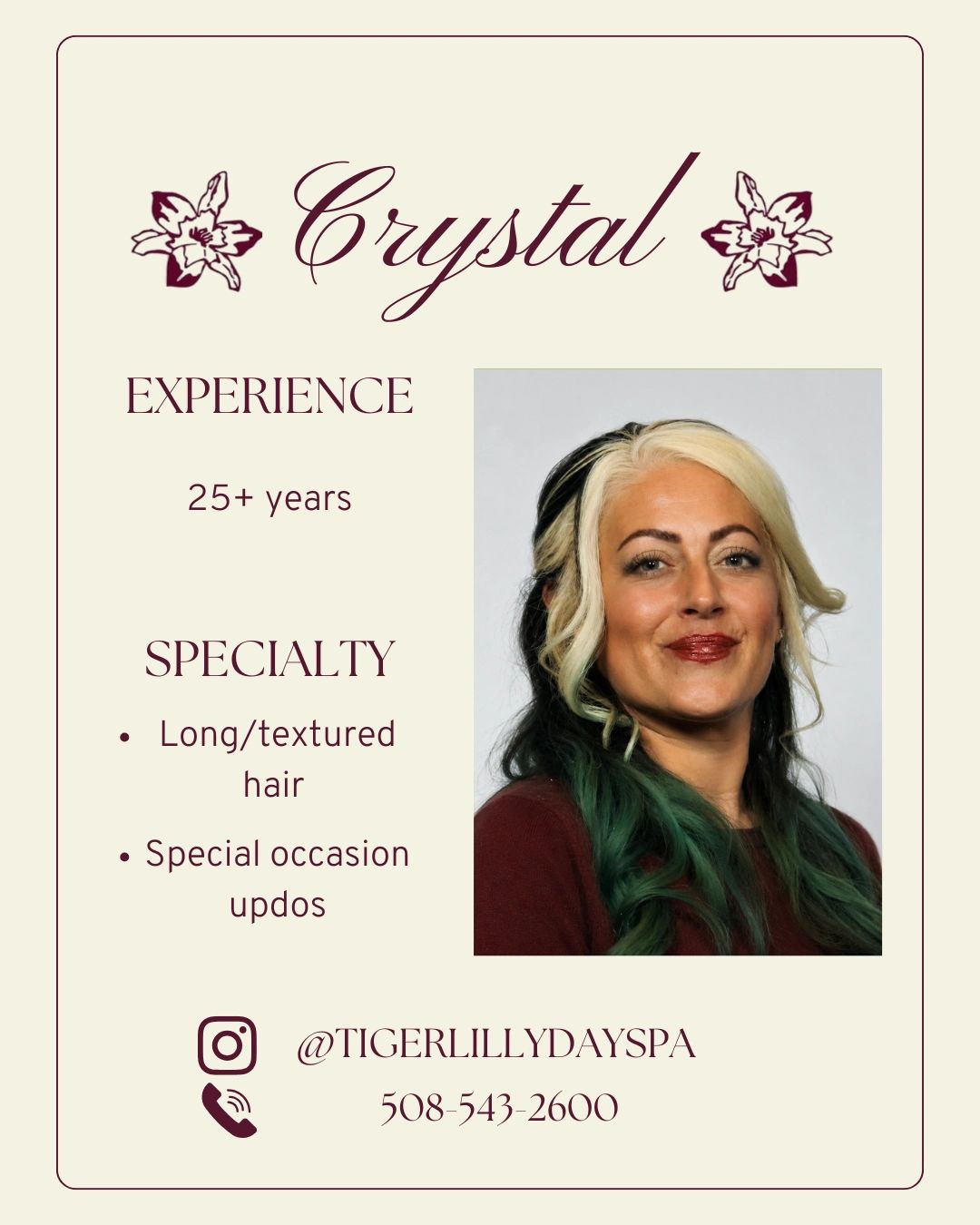 Hair stylist Crystal with 25+ years experience specializing in long textured hair and special occasion updos.