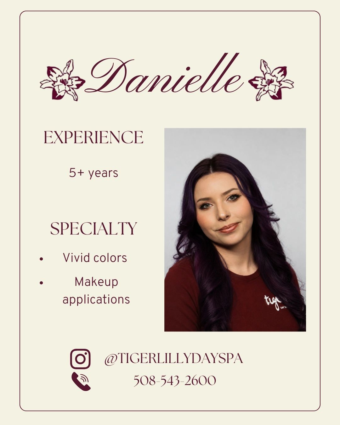 Danielle offers 5+ years of vivid color and makeup expertise.