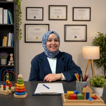 Smiling woman in hijab sitting at a desk with educational toys and certificates on the wall.